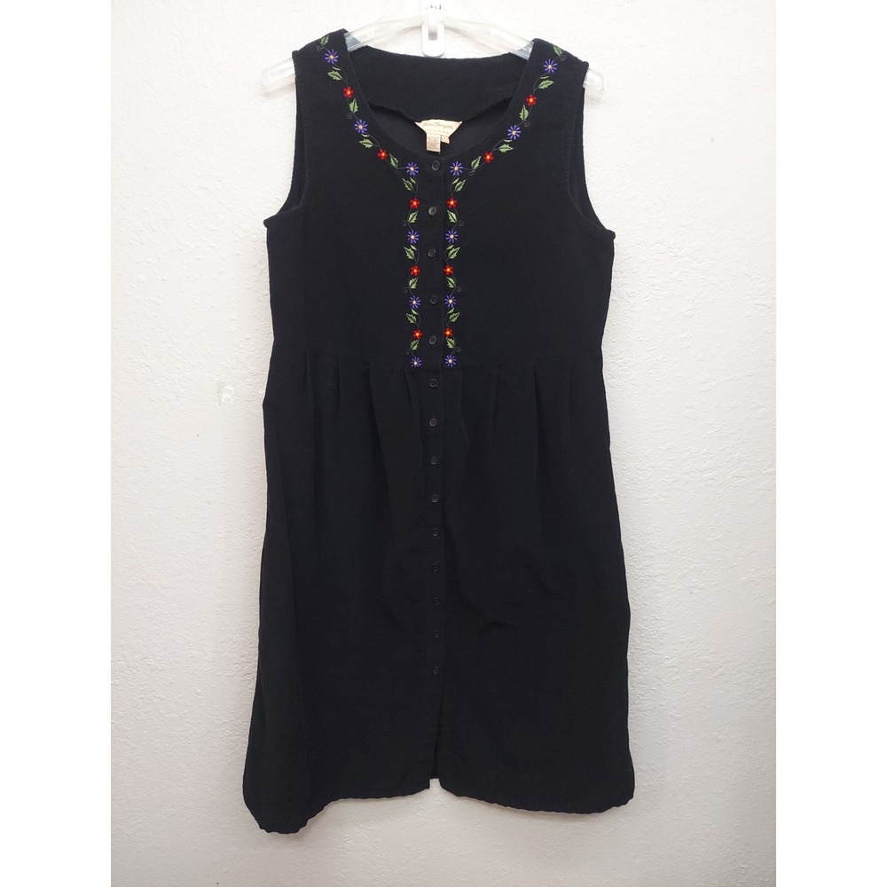 Norm Thompson Jumper Dress Womens Large Black Embroidered Button Front‎ Corduroy